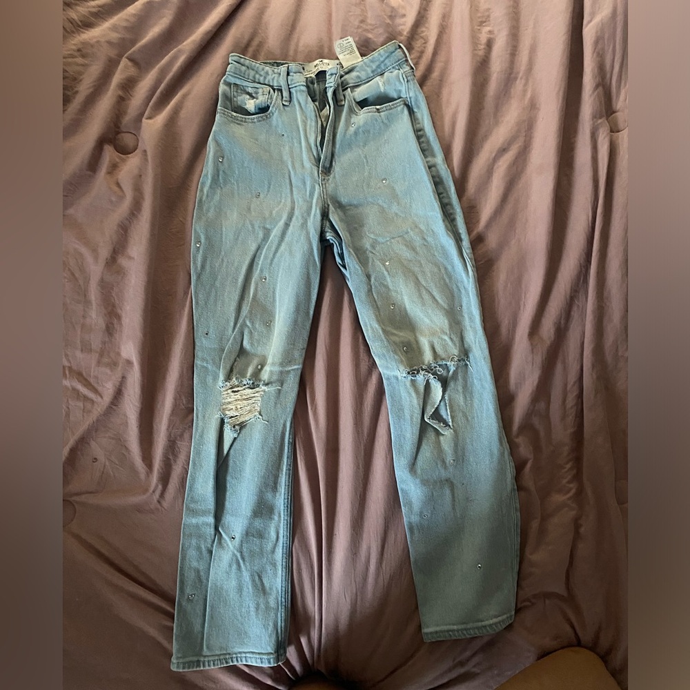Hollister high waisted light wash rhinestone straight jeans